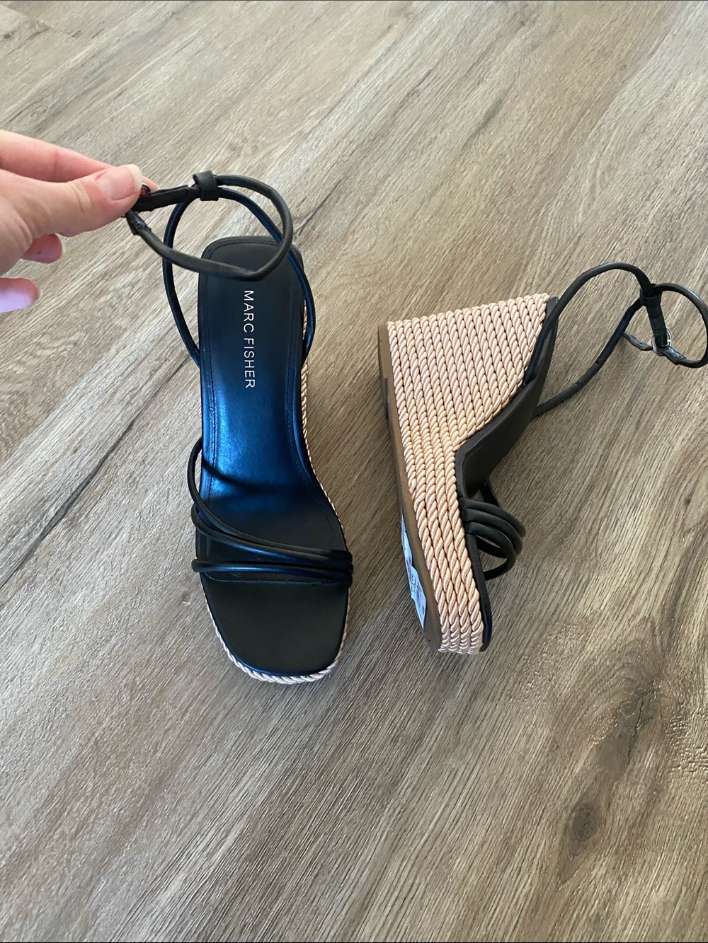 Marc Fisher Black Strappy Wedge Sandals with Braided Natural Platform